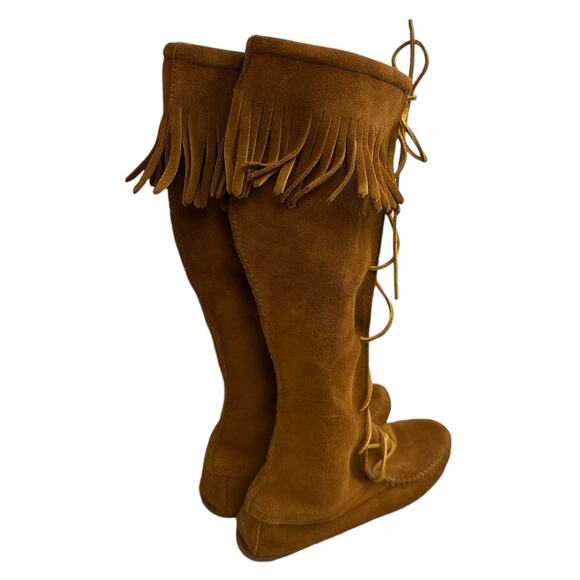 Minnetonka Women's Tall Front Lace Up Knee High Moccasin Boots Size 8 Fringe - Picture 3 of 8